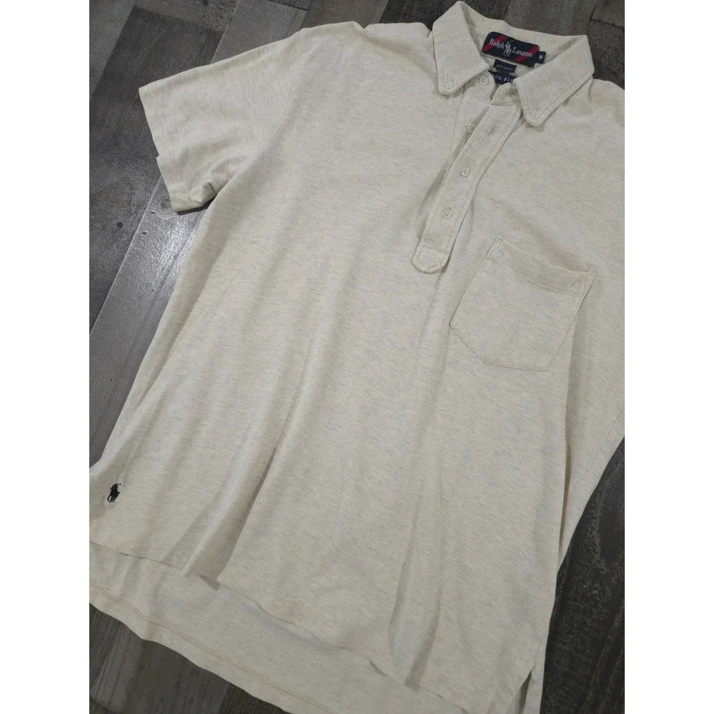 Polo Ralph Lauren 90s Big Fit Knit Polo Shirt Mens S Beige Oatmeal Pocket